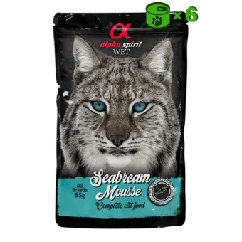 Alpha Spirit Wet Seabrean Mousse konservuotas pašaras katėms, žuvis; 6x85g