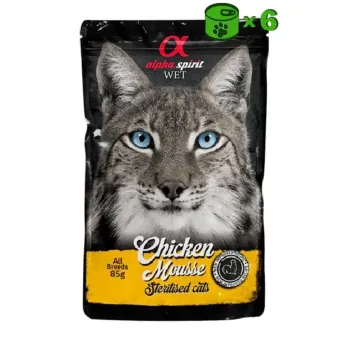 Alpha Spirit Wet Chicken Mousse konservuotas pašaras sterilizuotoms katėms, vištiena; 6x85g
