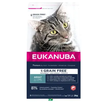 Eukanuba Grain Free Adult sausas begrūdis pašaras katėms, vištiena, lašiša; 2kg, 10kg