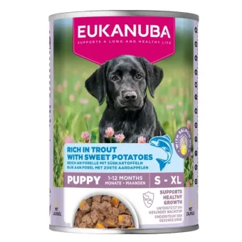 Eukanuba Life Care Puppy Trout konservuotas pašaras jauniems šuniukams, upėtakis ir batatai; 400g Eukanuba Life Care Puppy Trout konservuotas pašaras jauniems šuniukams, upėtakis ir batatai; 400g