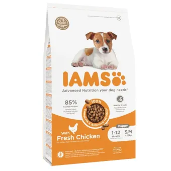 Iams Puppy & Junior S/M Breeds Chicken sausas pašaras šuniukams mažo ir vidutinio dydžio, vištiena; 3kg, 12kg