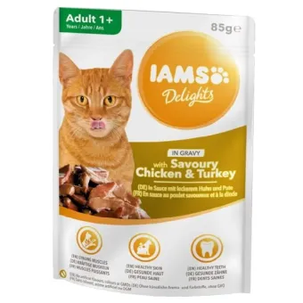 Iams Delights Cat Chicken & Turkey Gravy konservuotas pašaras katėms, vištiena, kalakutiena; 85g Iams Delights Cat Chicken & Turkey Gravy konservuotas pašaras katėms, vištiena, kalakutiena; 85g