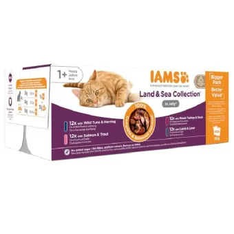 Iams Delights Cat Land & Sea Collection Jelly konservuotas pašaras katėms, rinkinys; 48x85g Iams Delights Cat Land & Sea Collection Jelly konservuotas pašaras katėms, rinkinys; 48x85g