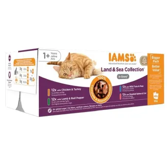 Iams Delights Cat Land & Sea Collection Gravy konservuotas pašaras katėms, rinkinys; 48x85g Iams Delights Cat Land & Sea Collection Gravy konservuotas pašaras katėms, rinkinys; 48x85g