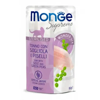 Monge Supreme Cat Wet Tuna with Sole konservuotas pašaras sterilizuotoms katėms, tunas, jūrų liežuvis, žirneliai; 80g