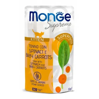 Monge Supreme Kitten Wet Tuna with spinach and baby carrots konservuotas pašaras kačiukams, tunas, špinatai, morkos; 80g