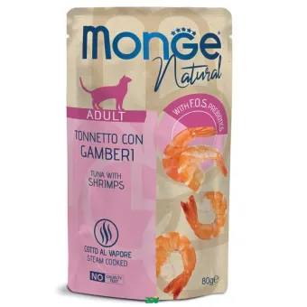 Monge Natural Cat Wet Pouches Tuna Flakes with Shrimp konservuotas pašaras katėms, tunas, krevetės; 80g