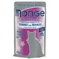 Monge Natural Cat Wet Pouches Tuna Flakes with beef konservuotas pašaras katėms, tunas, jautiena; 80g