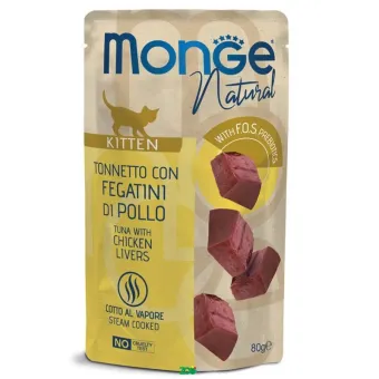 Monge Natural Kitten Wet Pouches Tuna Flakes with chicken liver konservuotas pašaras kačiukams, tunas, vištų kepenėlės; 80g