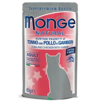 Monge Natural Cat Wet Pouches Tuna&Chicken with Shrimp konservuotas pašaras katėms, tunas, vištiena, krevetės; 80g