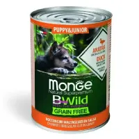Monge BWild Puppy Duck konservuotas begrūdis pašaras šuniukams, antiena; 400g