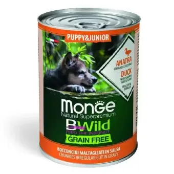 Monge BWild Puppy Duck konservuotas begrūdis pašaras šuniukams, antiena; 400g Monge BWild Puppy Duck konservuotas begrūdis pašaras šuniukams, antiena; 400g
