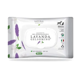 Natural Derma Pet Derbe Salviette Lavanda drėgnos servetėlės šunims ir katėms, levandų ir jazminų kvapas; 35vnt Natural Derma Pet Derbe Salviette Lavanda drėgnos servetėlės šunims ir katėms, levandų ir jazminų kvapas; 35vnt