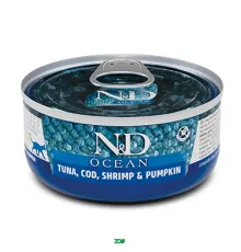 N&D Ocean Cat Wet Tuna Cod Shrimp&Pumpkin konservuotas pašaras katėms, tunas, menkė, krevetės, moliūgai; 70g