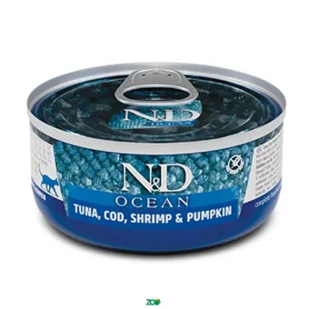 N&D Ocean Cat Wet Tuna Cod Shrimp&Pumpkin konservuotas pašaras katėms, tunas, menkė, krevetės, moliūgai; 70g
