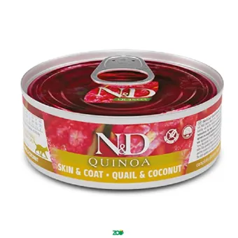 N&D Quinoa Cat Wet Quail&Coconut konservuotas dietinis pašaras alergiškoms katėms, putpelės; 80g