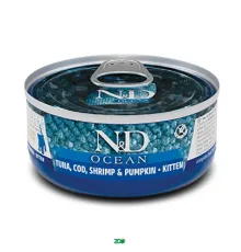 N&D Ocean Kitten Wet Tuna Cod Shrimp&Pumpkin konservuotas pašaro papildas kačiukams, tunas, menkė, krevetės, moliūgai; 70g