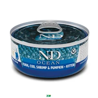 N&D Ocean Kitten Wet Tuna Cod Shrimp&Pumpkin konservuotas pašaro papildas kačiukams, tunas, menkė, krevetės, moliūgai; 70g