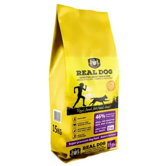 Real Dog Sensitive Fresh Poultry, Turkey & Potatoes sausas begrūdis pašaras suaugusiems šunims visų veislių, bulvės, kalakutiena; 15kg Real Dog Sensitive Fresh Poultry, Turkey & Potatoes sausas begrūdis pašaras suaugusiems šunims visų veislių, bulvės, kalakutiena; 15kg