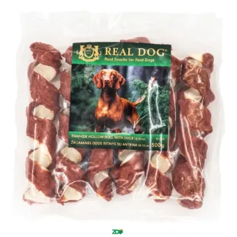 Real Dog Snack žaliaminės odos ritinys, apsuktas antiena, skanėstas šunims; 500g