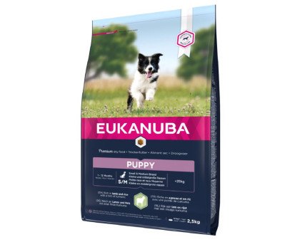 Eukanuba Puppy S/M Breeds Lamb sausas pašaras šuniukams mažo ir vidutinio dydžio veislų, ryžiai, ėriena; 2.5kg, 12kg