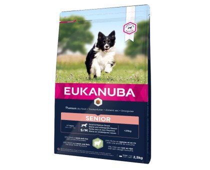 Eukanuba Senior S/M Breeds Lamb sausas pašaras senyviems šunims mažo ir vidutinio dydžio veislų, ryžiai, ėriena; 2.5kg, 12kg