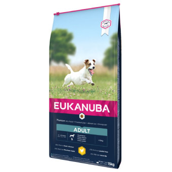 Eukanuba Adult S Breeds Chicken sausas pašaras suaugusiems šunims mažo dydžio veislų, vištiena; 3kg, 15kg