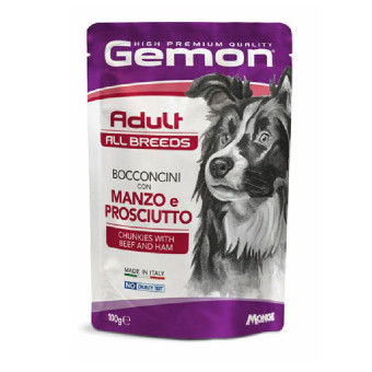 Gemon Wet Dog Pouches Chunkies Adult beef & ham konservuotas pašaras šunims, jautiena; 100g Gemon Wet Dog Pouches Chunkies Adult beef & ham konservuotas pašaras šunims, jautiena; 100g