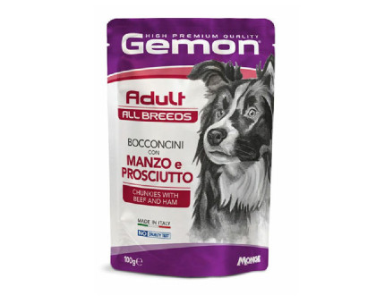 Gemon Wet Dog Pouches Chunkies Adult beef & ham konservuotas pašaras šunims, jautiena; 100g