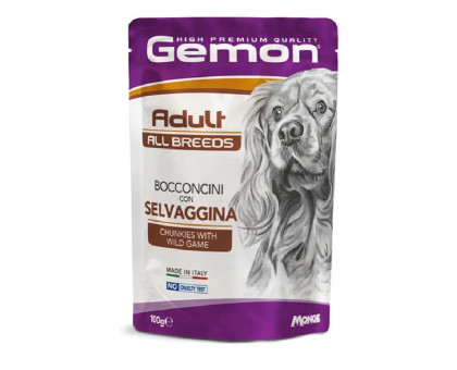 Gemon Wet Dog Pouches Chunkies Adult wild games konservuotas pašaras šunims, žviėrena; 100g