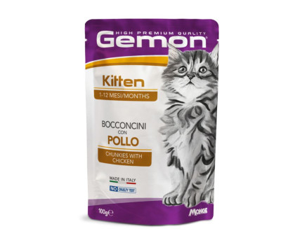 Gemon Wet Cat Pouches chunkies Kitten chicken konservuotas pašaras kačiukams, vištiena; 100g