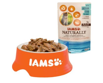 Iams Naturally Cat Ocean Cod konservuotas pašaras katėms, menkė; 85g