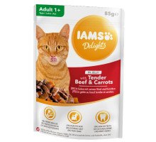 Iams Delights Cat Beef&Carrots konservuotas pašaras katėms, morkos, jautiena; 85g