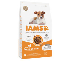 Iams Puppy & Junior S/M Breeds Chicken sausas pašaras šuniukams mažo ir vidutinio dydžio veislų, vištiena; 3kg, 12kg