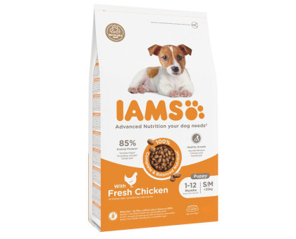 Iams Puppy & Junior S/M Breeds Chicken sausas pašaras šuniukams mažo ir vidutinio dydžio veislų, vištiena; 3kg, 12kg