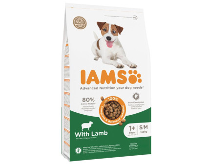 Iams Adult S/M Breeds Lamb sausas pašaras suaugusiems šunims mažo ir vidutinio dydžio veislų, ėriena; 3kg, 12kg