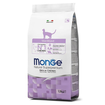 Monge Cat Natural Superpremium Sterilised Chicken sausas pašaras katėms, vištiena; 1.5kg, 10kg Monge Cat Natural Superpremium Sterilised Chicken sausas pašaras katėms, vištiena; 1.5kg, 10kg