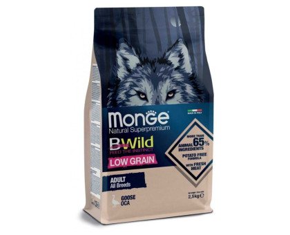 Monge BWILD Adult All Breeds Goose sausas pašaras šunims, žasiena; 2.5kg, 12kg