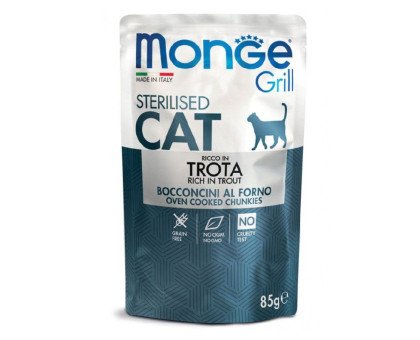 Monge Grill Mix Sterilised Cat Cockerell/Veal/Trout konservuotas pašaras katėms, vištiena, upėtakis, veršiena; 12x85g