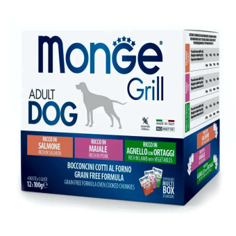 Monge Grill Mix Adult Dog Salmon/Pork/Lamb konservuotas pašaras šunims, ėriena, kiauliena, lašiša; 12x100g Monge Grill Mix Adult Dog Salmon/Pork/Lamb konservuotas pašaras šunims, ėriena, kiauliena, lašiša; 12x100g