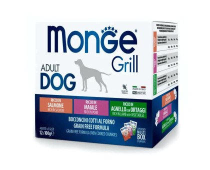 Monge Grill Mix Adult Dog Salmon/Pork/Lamb konservuotas pašaras šunims, ėriena, kiauliena, lašiša; 12x100g