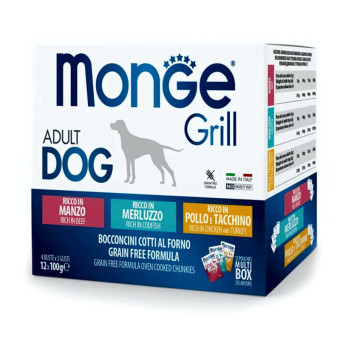 Monge Grill Mix Adult Dog Beef/Cod/Chicken konservuotas pašaras šunims, jautiena, žuvis, vištiena; 12x100g Monge Grill Mix Adult Dog Beef/Cod/Chicken konservuotas pašaras šunims, jautiena, žuvis, vištiena; 12x100g