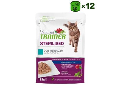 Trainer Natural Cat Sterilised Codfish konservuotas pašaras katėms, menkė; 12x85g