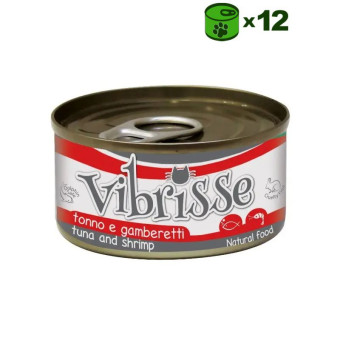 Vibrisse Tonno e Gamberetti Natural konservuotas pašaras katėms, tunas ir krevetės padaže; 12x70g Vibrisse Tonno e Gamberetti Natural konservuotas pašaras katėms, tunas ir krevetės padaže; 12x70g
