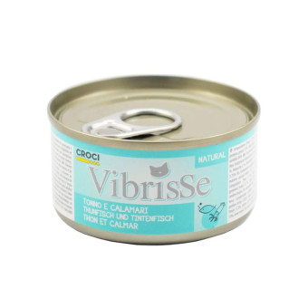 Vibrisse Tuno e Calamari konservuotas pašaras katėms, tunas, kalmarai; 12x70g Vibrisse Tuno e Calamari konservuotas pašaras katėms, tunas, kalmarai; 12x70g