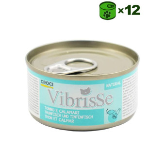 Vibrisse Tuno e Calamari konservuotas pašaras katėms, tunas, kalmarai; 12x70g Vibrisse Tuno e Calamari konservuotas pašaras katėms, tunas, kalmarai; 12x70g