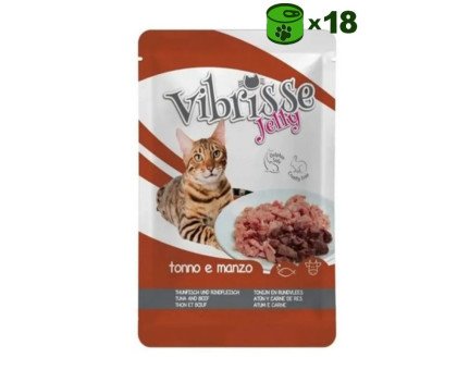 Vibrisse Tonno e Manzo Jelly šlapias konservuotas pašaras katėms, jautiena drebučiuose; 18x70g